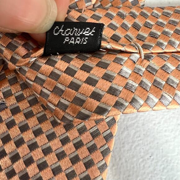 Charvet Place Vendome Men's Tie Checkered Basket Weave Gold Silk 3.75" x 57" - Picture 2 of 16